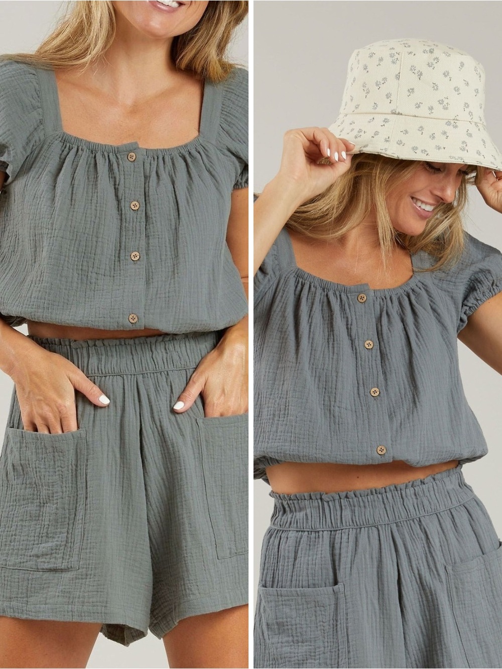 Rylee + Cru Linen Gray Textured Elastic-Waist Bermuda Paperbag Shorts